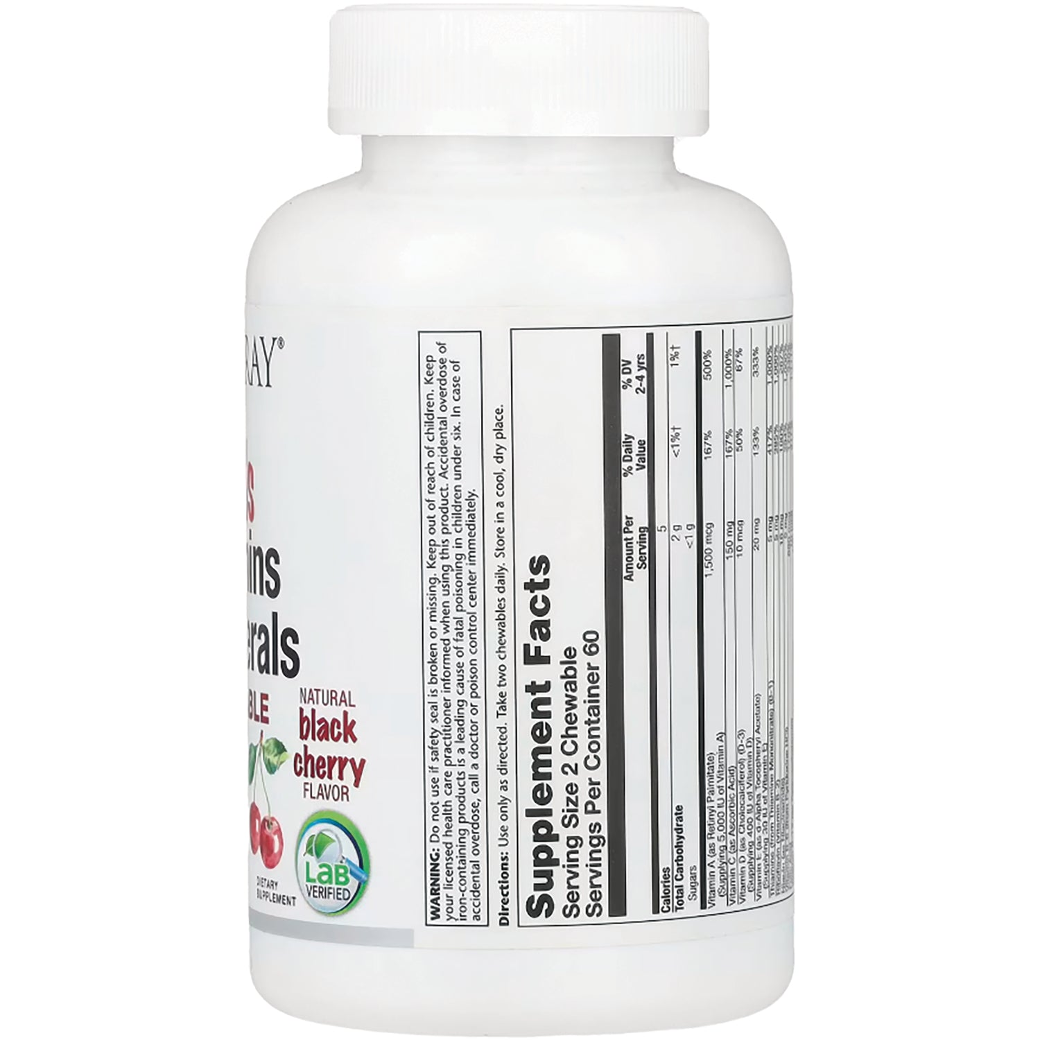 SLR340 | back of white supplement bottle showing Supplement Facts panel and black cherry flavor label