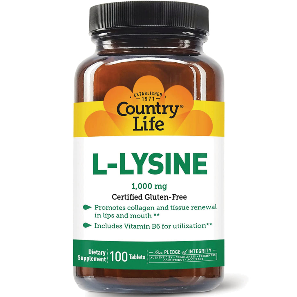 CRL078 | Country Life L-LYSINE 1,000 mg dietary supplement bottle front label, 100 tablets - Thumbnail