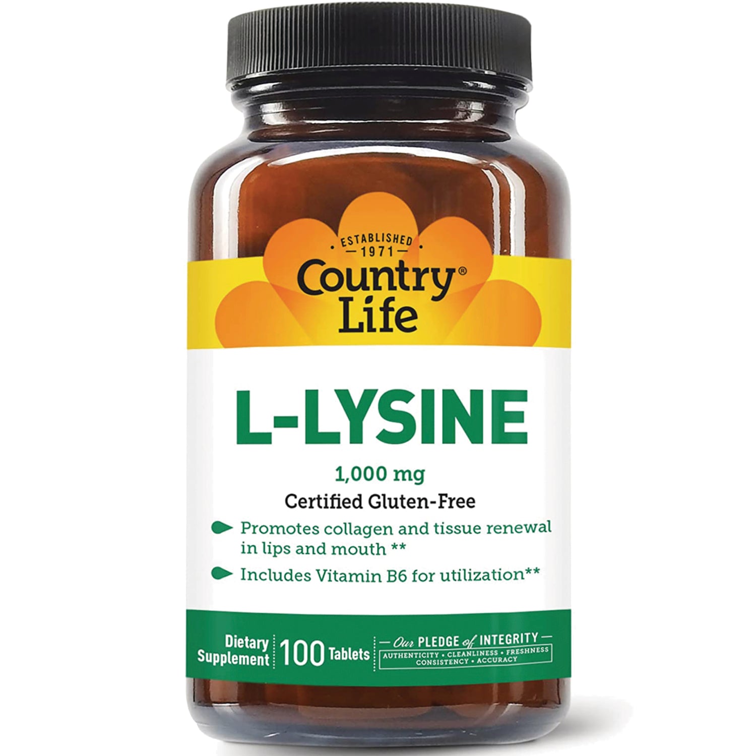 CRL078 | Country Life L-LYSINE 1,000 mg dietary supplement bottle front label, 100 tablets