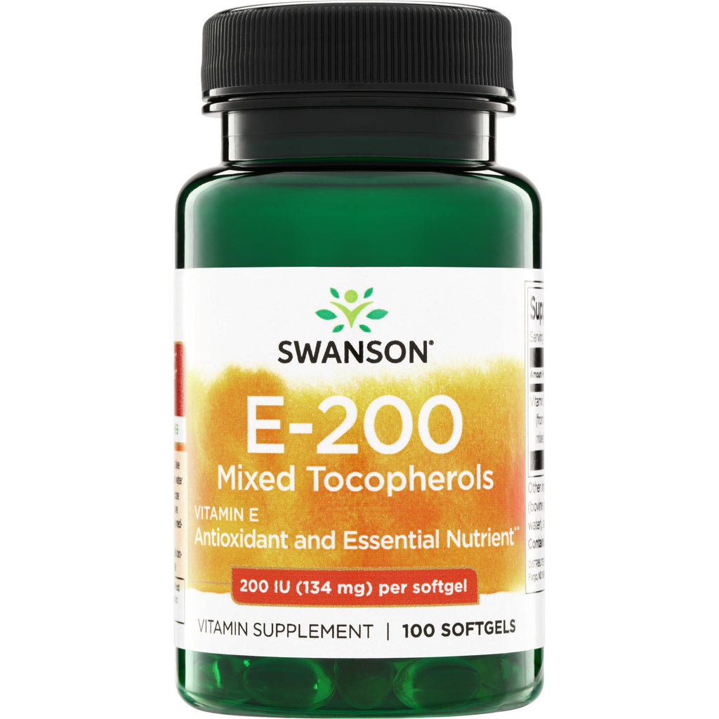 SW148 | Swanson E-200 Mixed Tocopherols Vitamin E, 200 IU (134 mg) per softgel, 100 softgels bottle front - Thumbnail