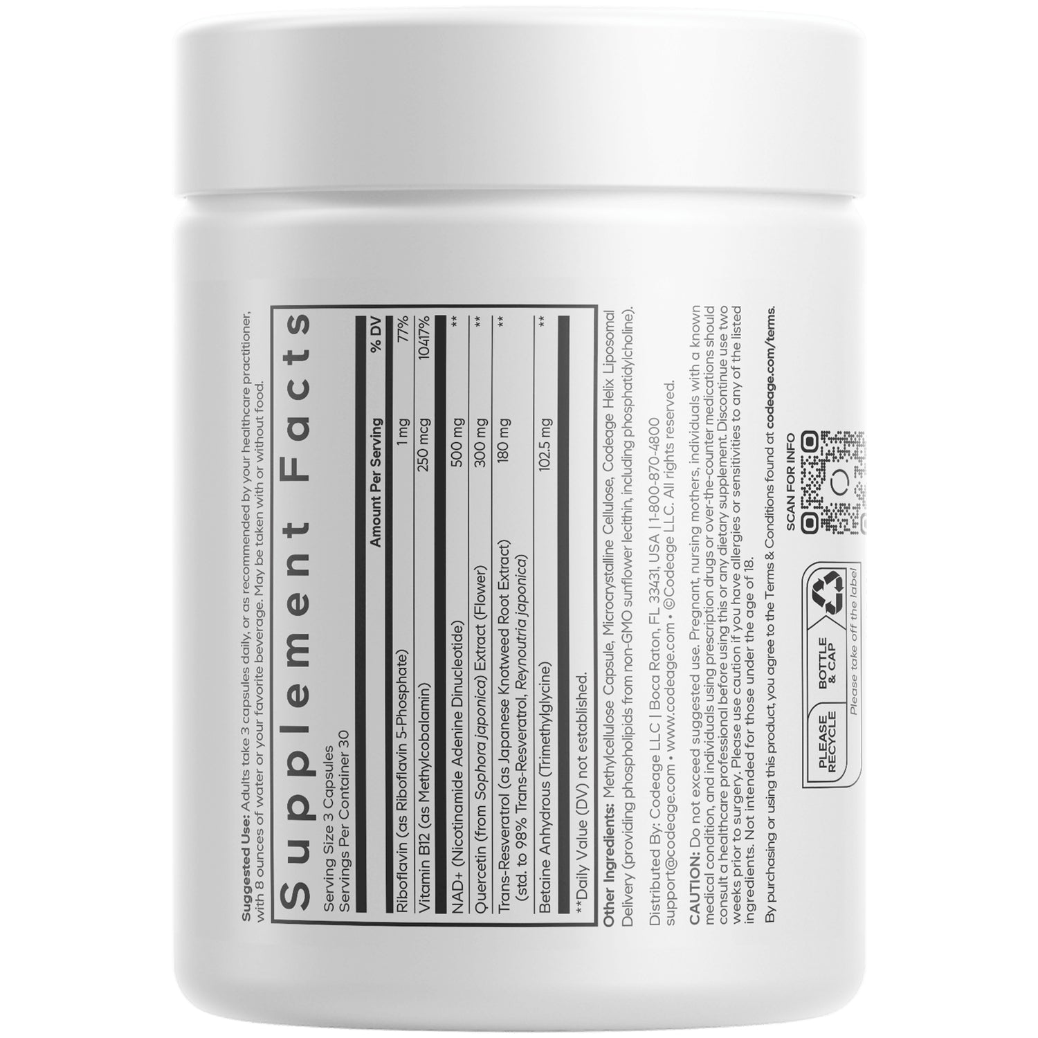 CDG019 | back label showing Supplement Facts panel, ingredient list and QR code on white supplement jar