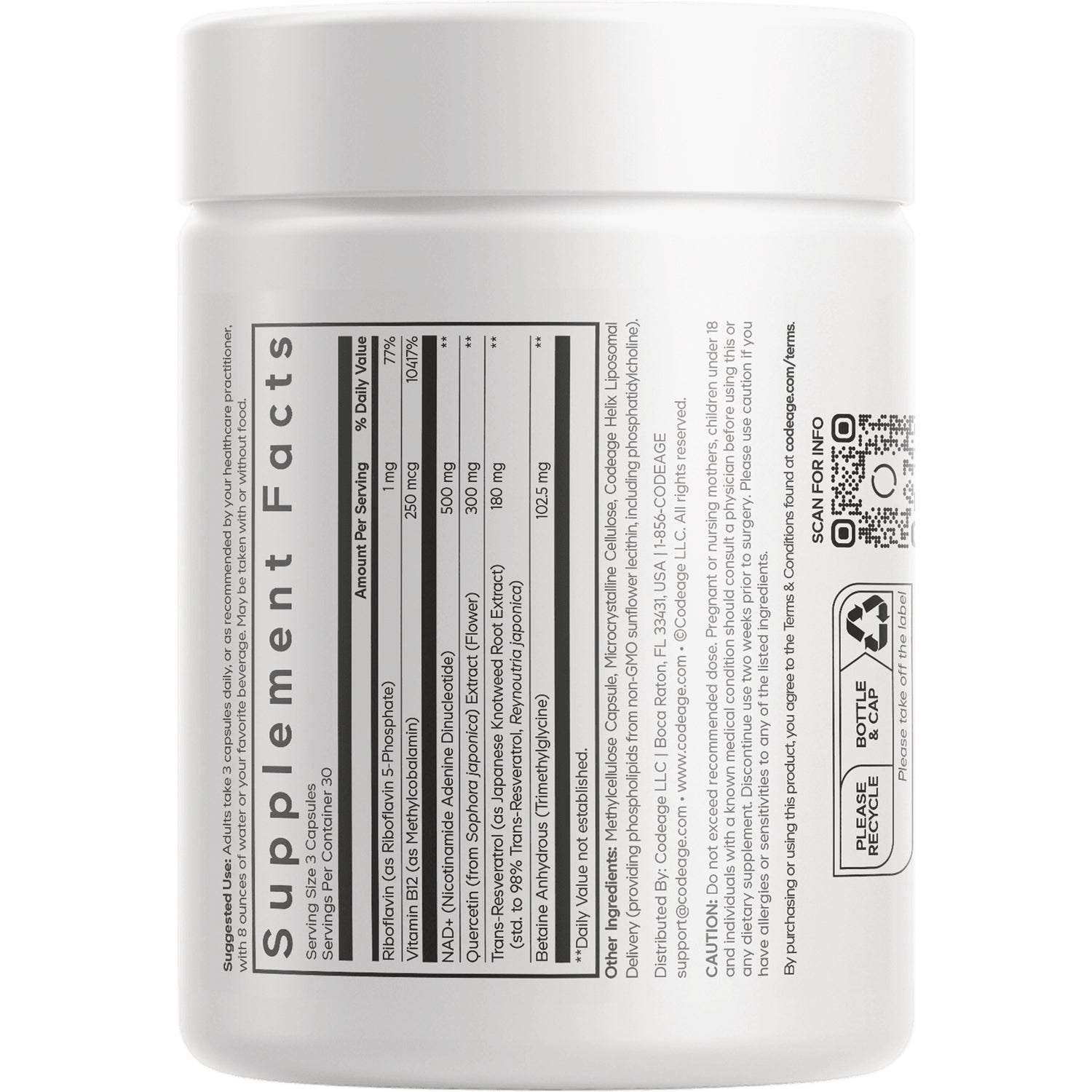 CDG019 | back label showing Supplement Facts panel, ingredient list and QR code on white supplement jar