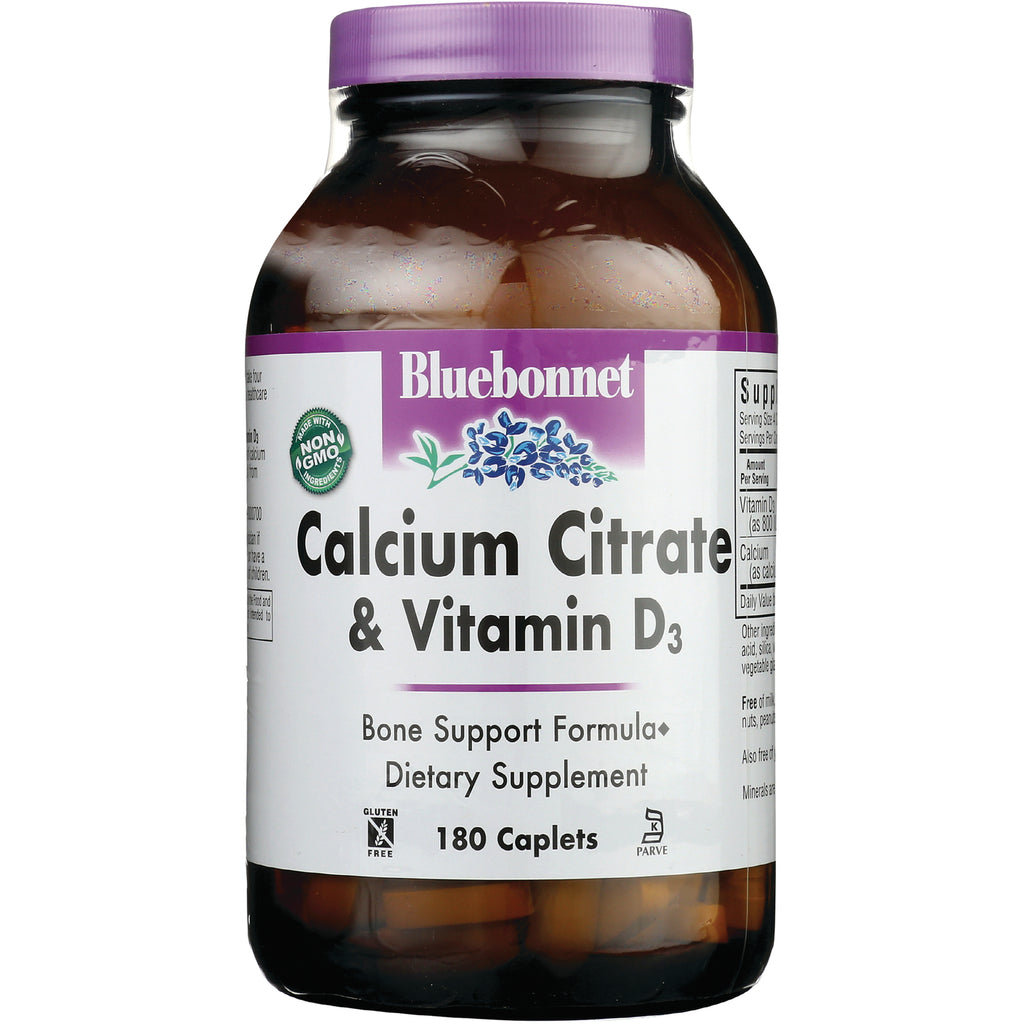 BLU061 | Bluebonnet Calcium Citrate & Vitamin D3 supplement bottle front label, 180 caplets - Thumbnail