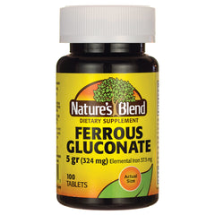NAB083 | Nature's Blend Ferrous Gluconate dietary supplement bottle, 100 tablets, yellow label
