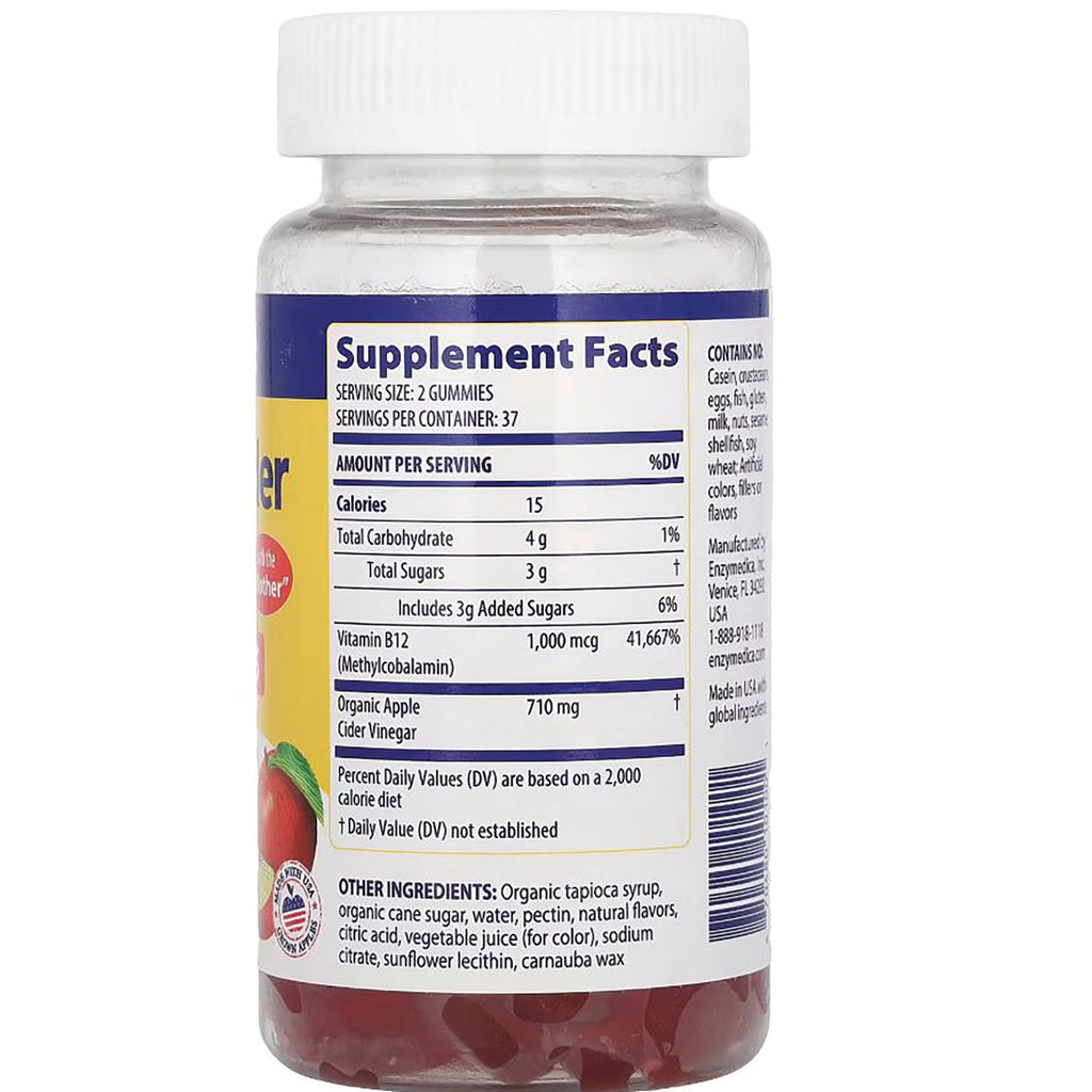EMD090 | back of gummy supplement bottle with Supplement Facts panel showing serving size 2 gummies, vitamin B12 and ingredients - Thumbnail