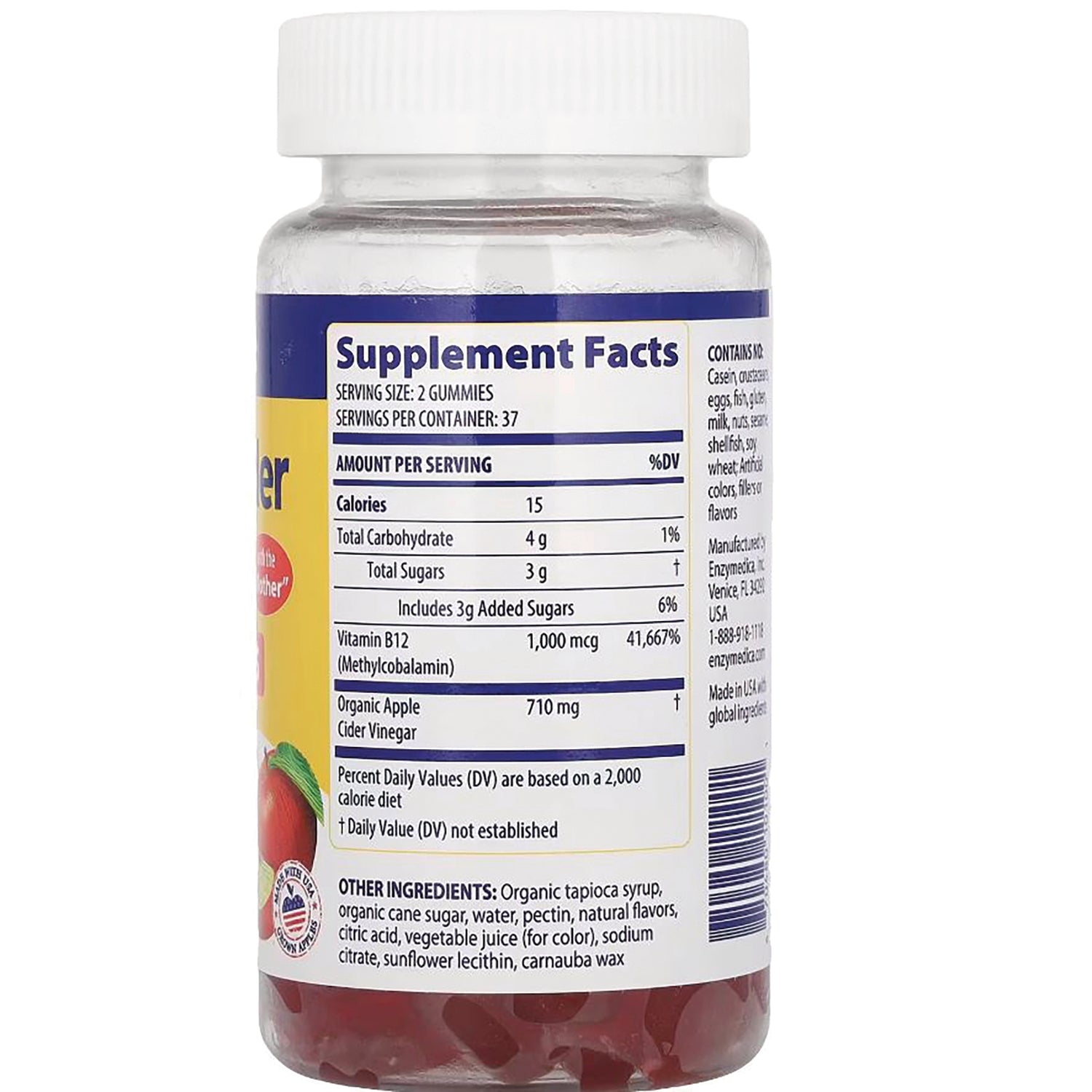 EMD090 | back of gummy supplement bottle with Supplement Facts panel showing serving size 2 gummies, vitamin B12 and ingredients
