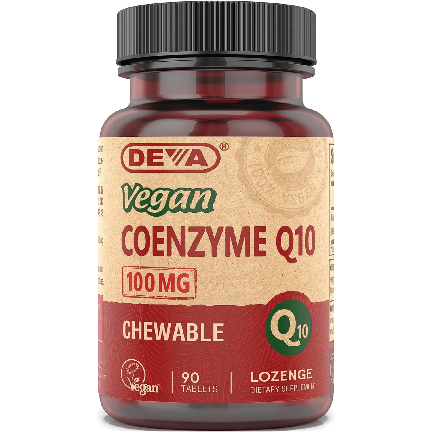 DEV037 | Vegan Coenzyme Q10 100 MG chewable lozenge bottle front label showing 90 tablets