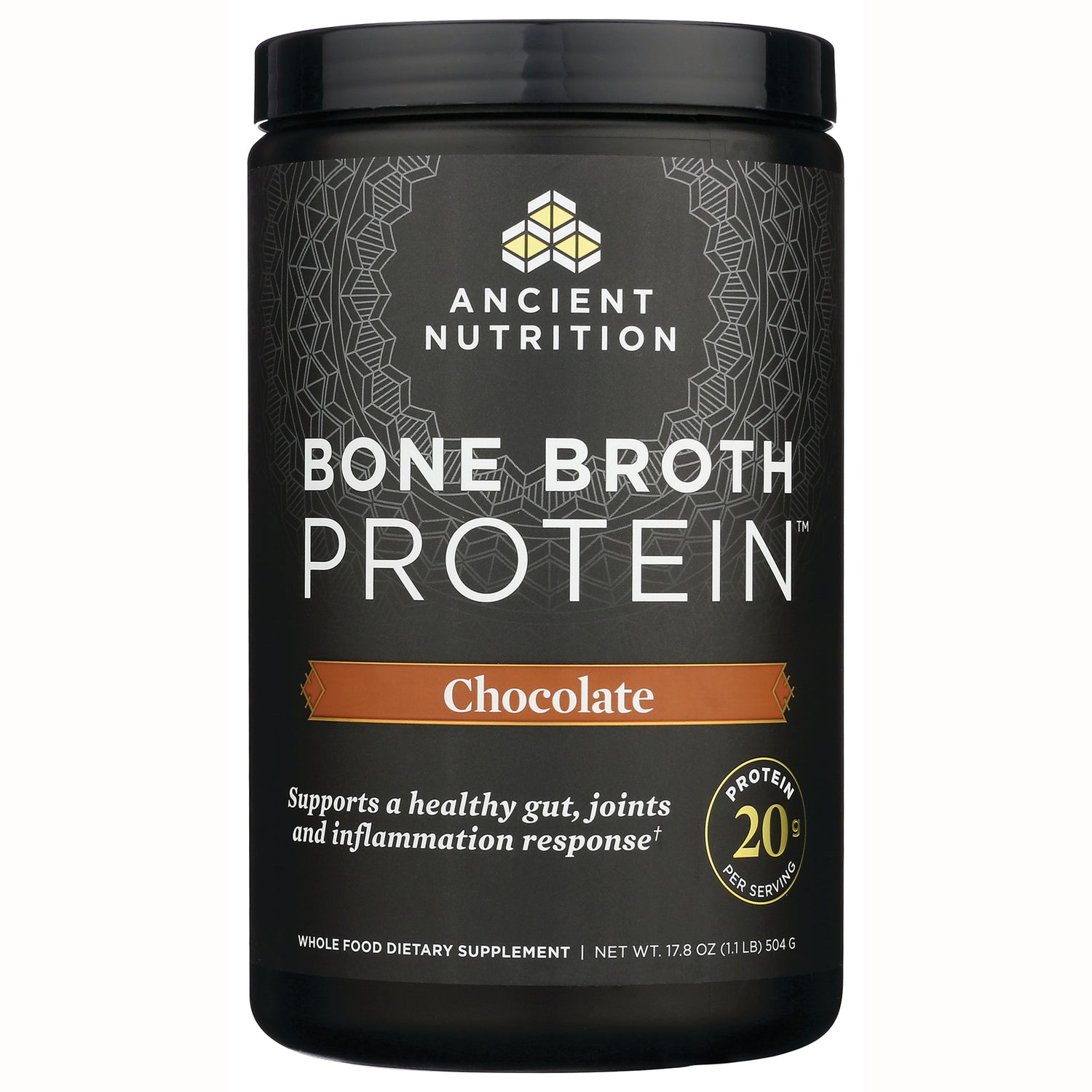 ATN003 | Ancient Nutrition Bone Broth Protein Chocolate powder jar labeled 20 g protein per serving