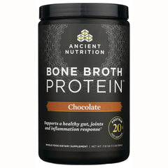 ATN003 | Ancient Nutrition Bone Broth Protein Chocolate powder jar labeled 20 g protein per serving