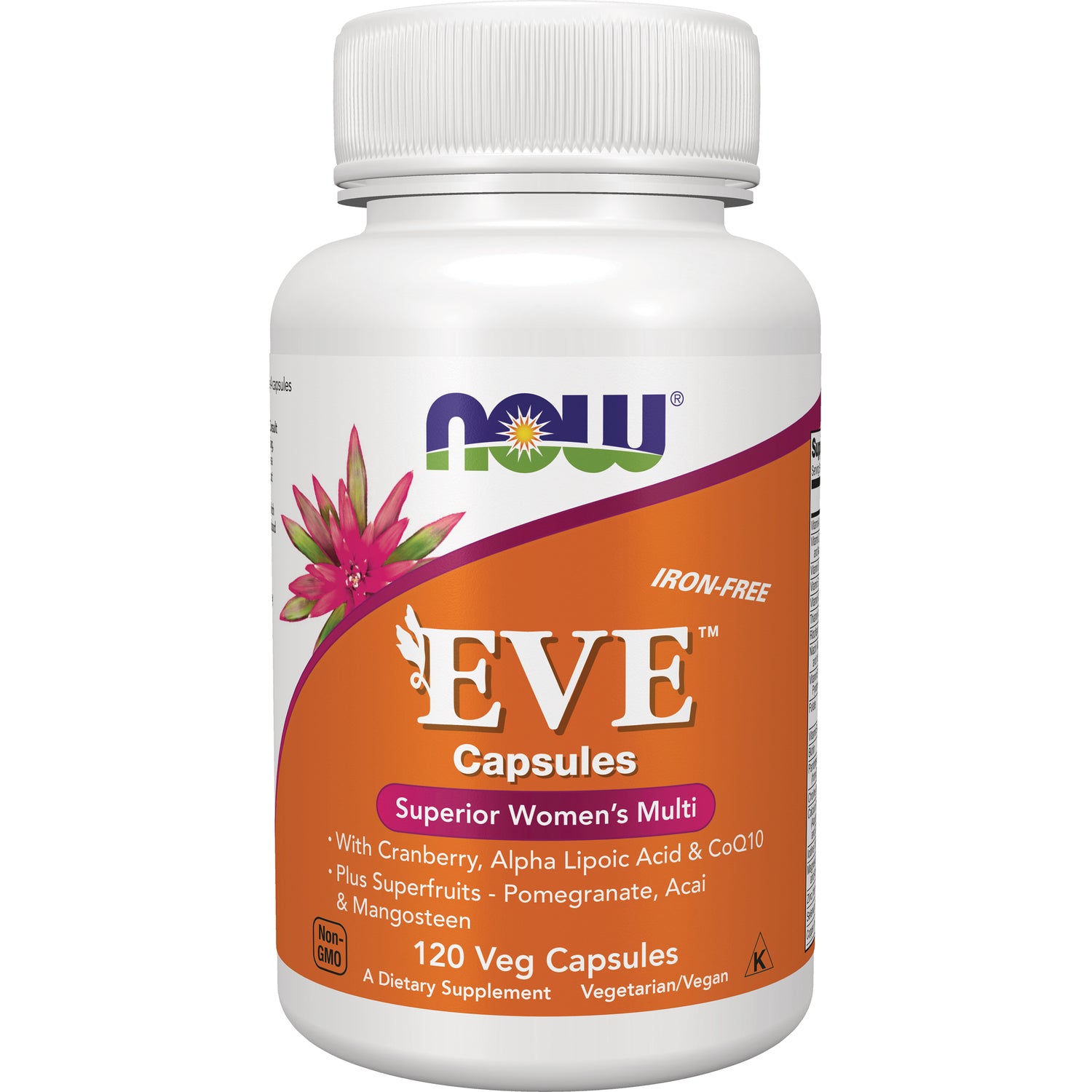 NWF476 | NOW EVE Capsules Superior Women's Multi bottle, orange label, 120 veg capsules, iron-free