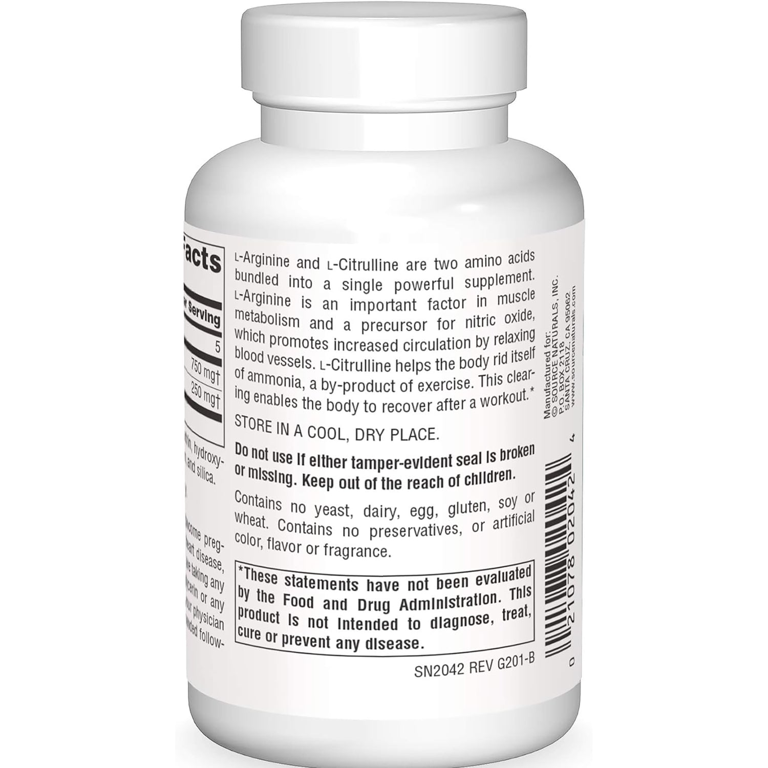 SN208 | Back label with Supplement Facts, warnings, and storage directions