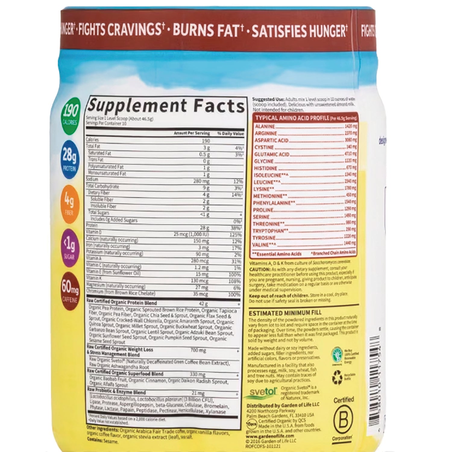 Supplement Facts label and typical amino acid profile on the back of a yellow and blue protein powder container