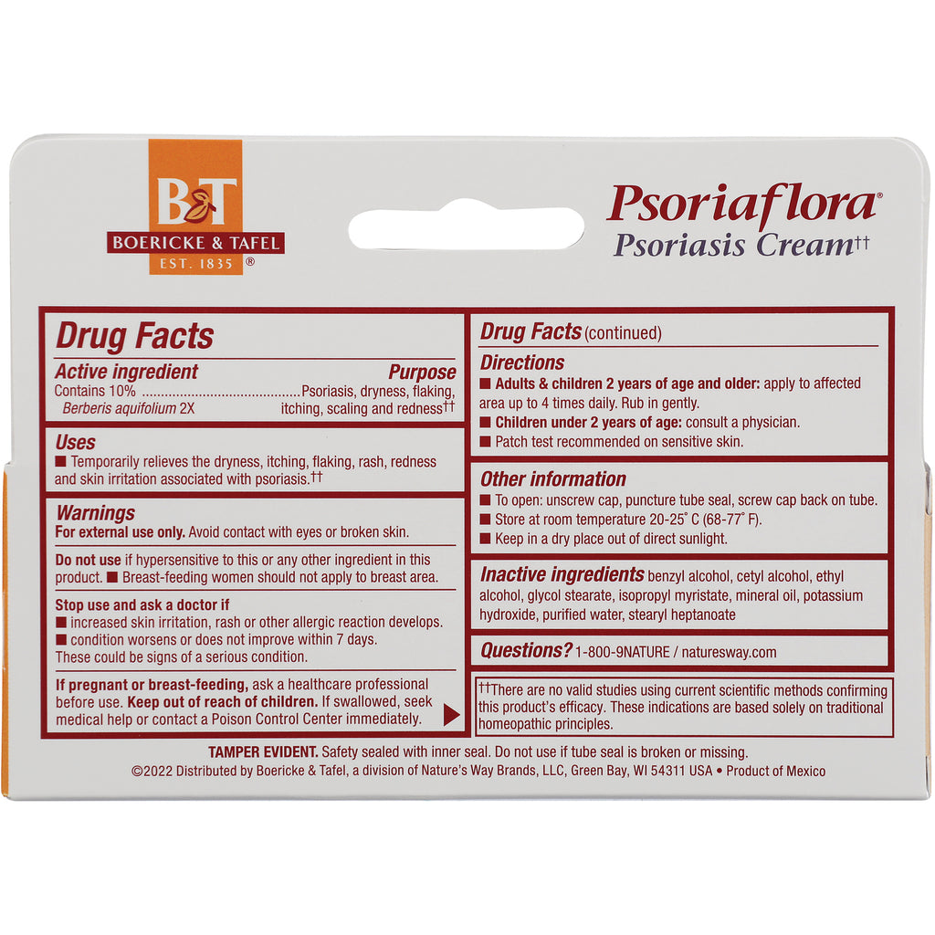 BRK005 | Back of Psoriaflora psoriasis cream box showing Drug Facts, directions, warnings, uses and inactive ingredients - Thumbnail