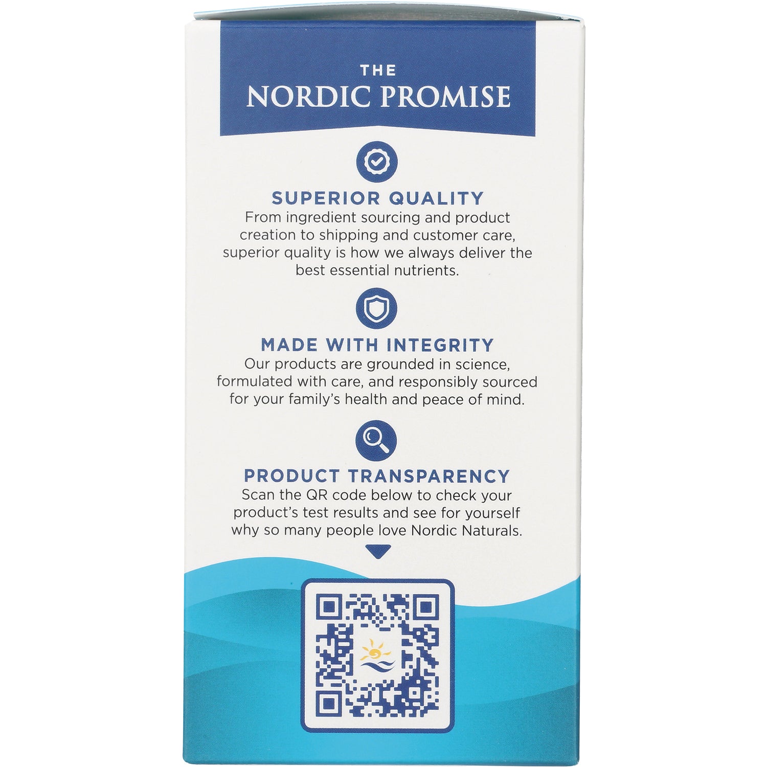 NRN015 | THE NORDIC PROMISE panel with headings Superior Quality, Made With Integrity, Product Transparency and a QR code