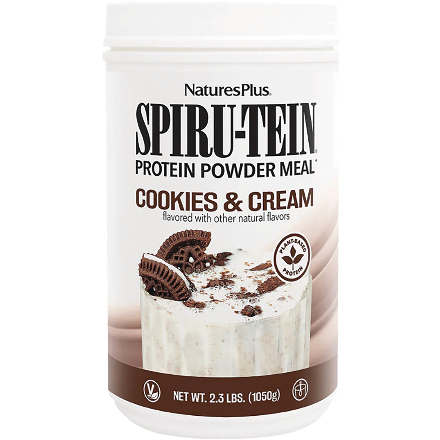 NTP085 | NaturesPlus SPIRU-TEIN protein powder meal Cookies & Cream flavor container, 2.3 lbs