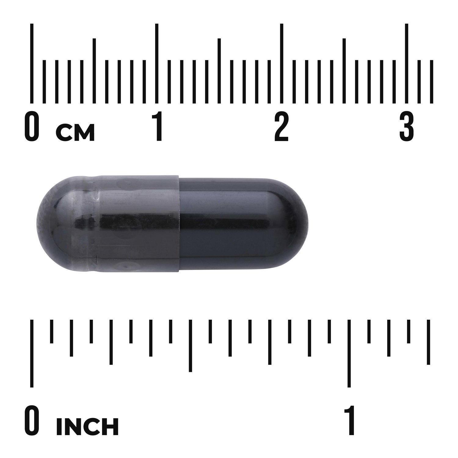 SW1355 | Black capsule next to centimeter and inch rulers showing scale