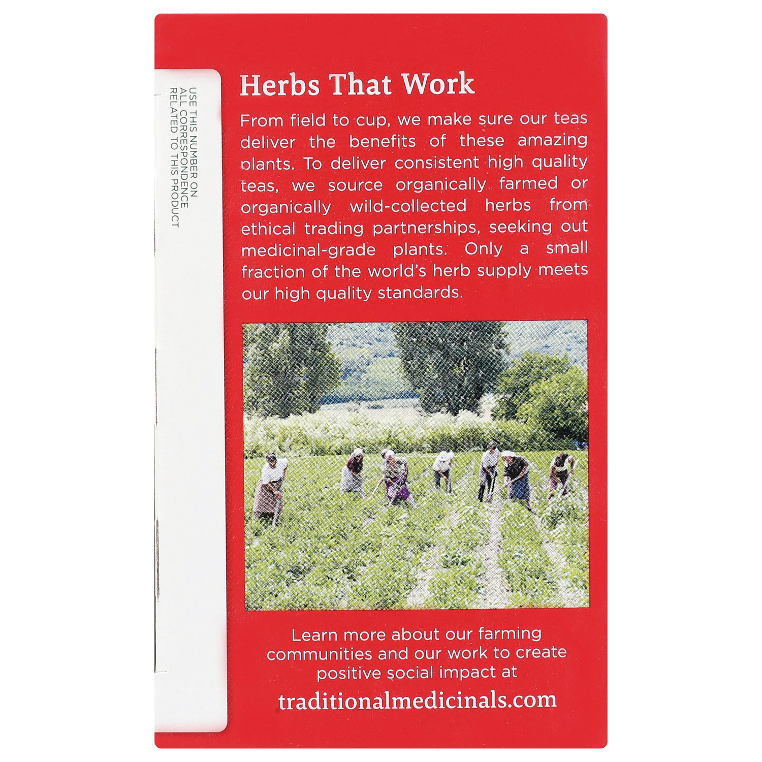 TMD016 | Red panel reading 'Herbs That Work' with farming photo and URL traditionalmedicinals.com