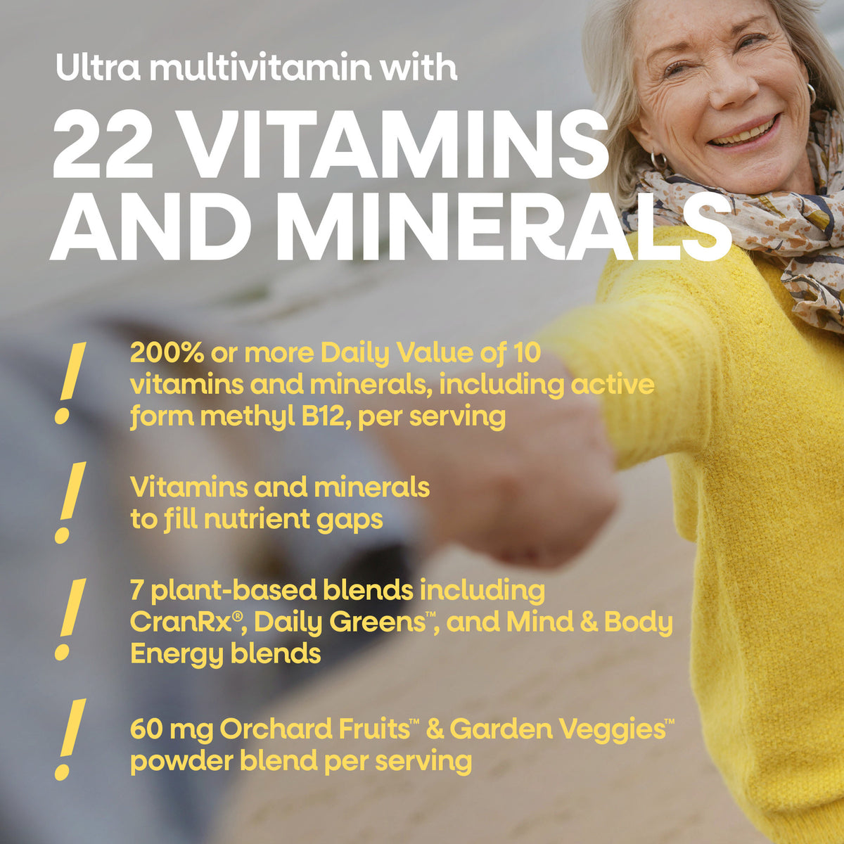 NW1064 | Woman smiling beside text highlighting 22 vitamins and minerals in an ultra multivitamin