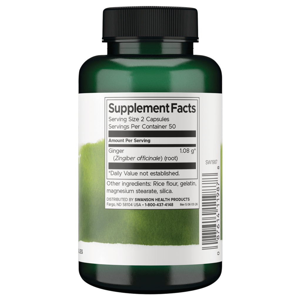 SW1987 | Supplement Facts panel for ginger capsules, showing serving size, ingredients, and barcode - Thumbnail