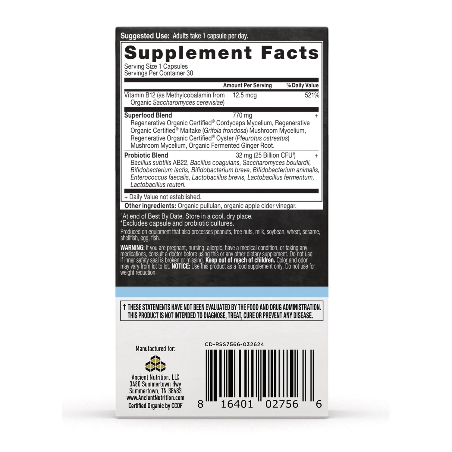 ATN139 | Supplement Facts panel, ingredient and warning text, and barcode on product back