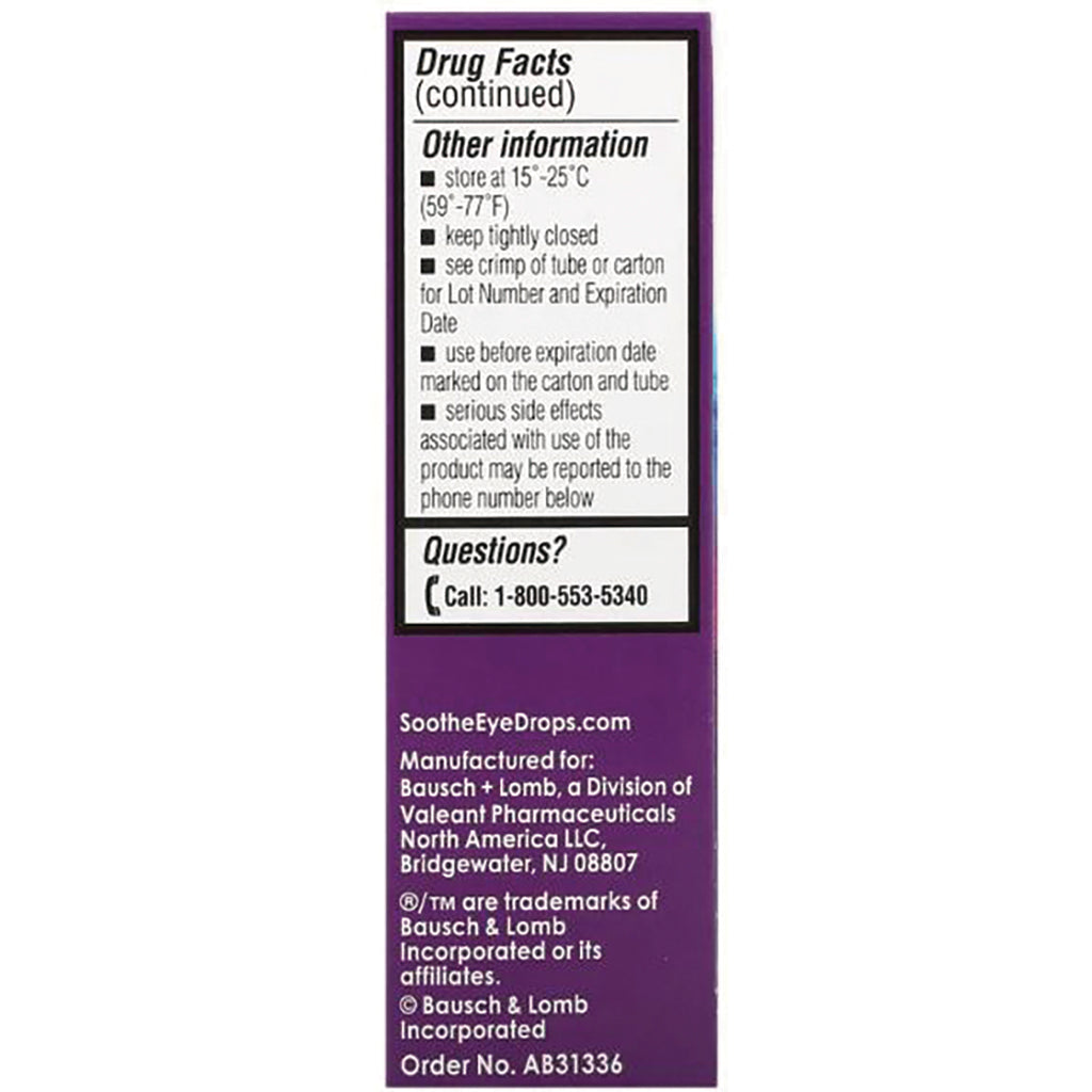 BNL030 | back panel with Drug Facts, storage instructions and contact Call: 1-800-553-5340 on purple SootheEyeDrops box - Thumbnail