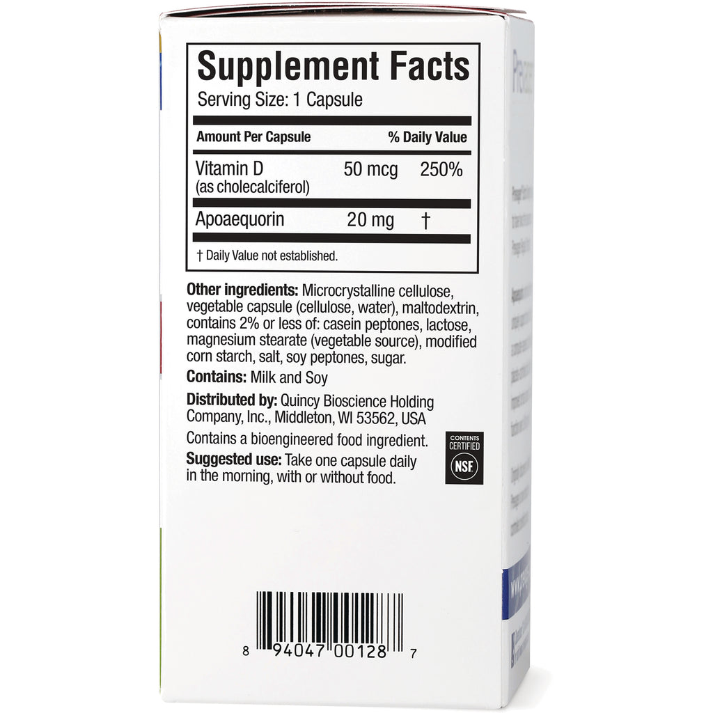 Supplement facts and ingredients panel on back of supplement box showing Vitamin D 50 mcg, Apoaequorin 20 mg, contains milk and soy - Thumbnail