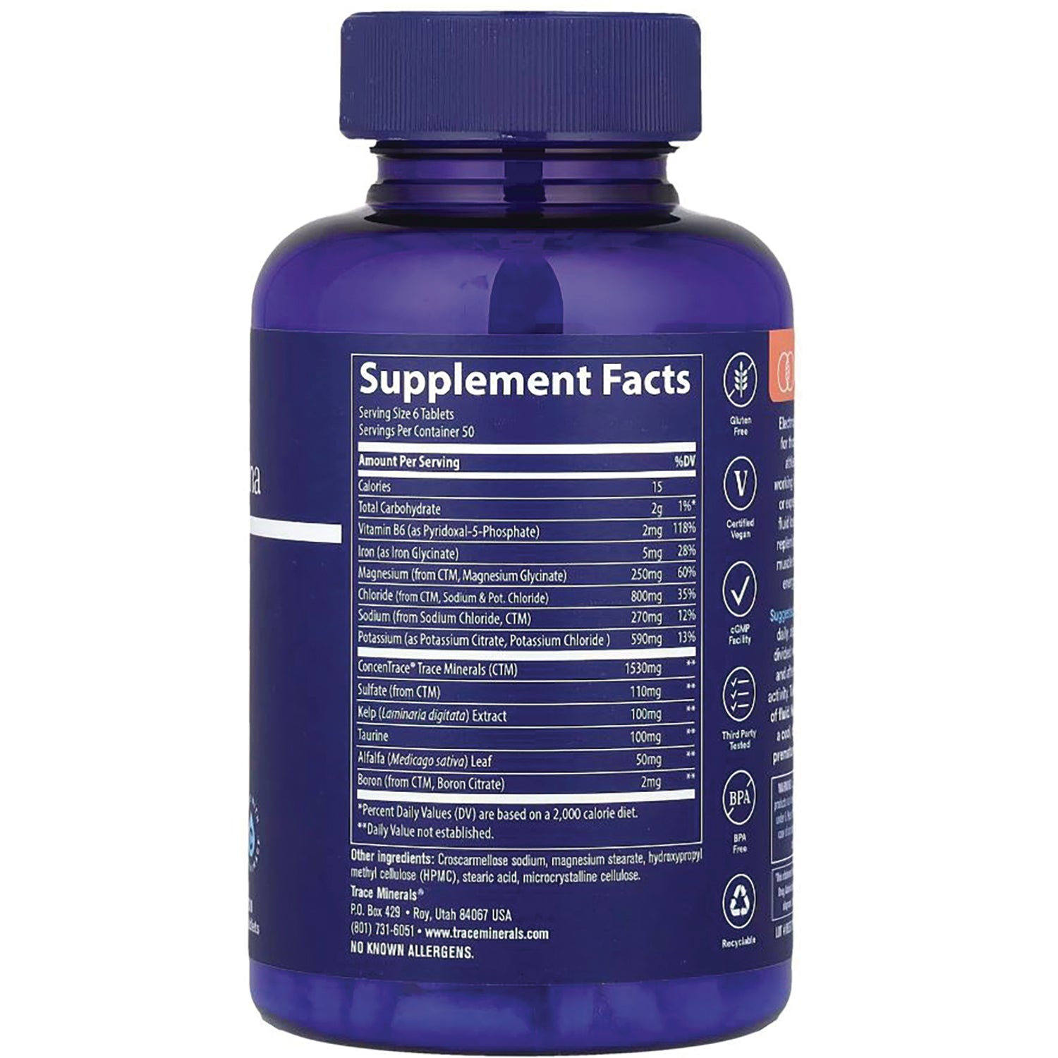 TM040 | Back of blue supplement bottle showing Supplement Facts panel and icons