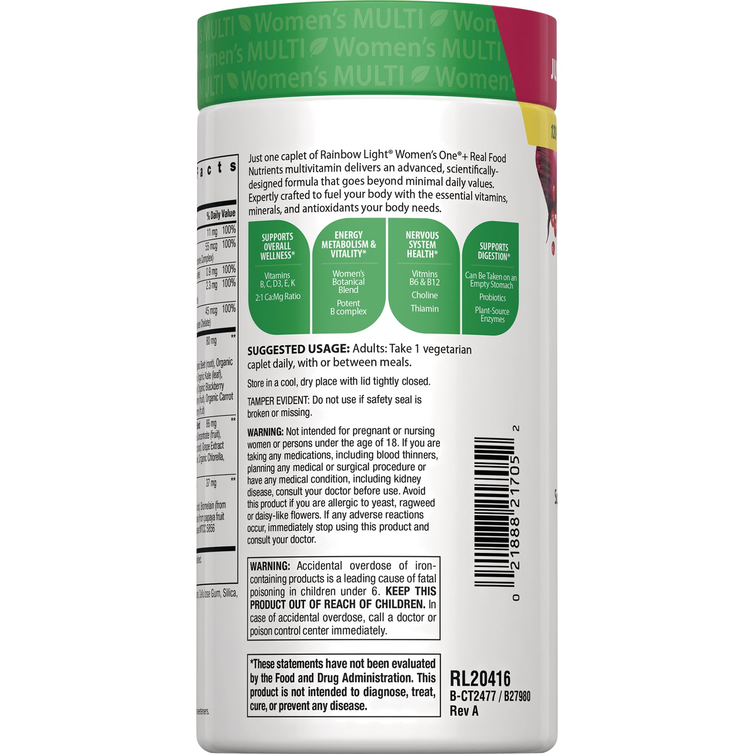 RBL169 | Back label of women's multivitamin bottle showing suggested usage, warnings, and barcode