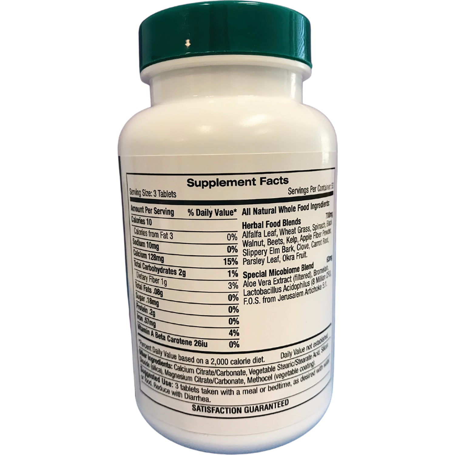 ALI007 | Bottle back with Supplement Facts label showing Serving Size: 3 Tablets and nutrition facts panel