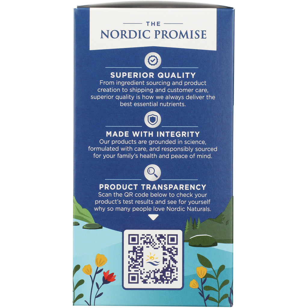 NRN020 | blue product box infographic with The Nordic Promise headings, QR code, and floral river illustration - Thumbnail