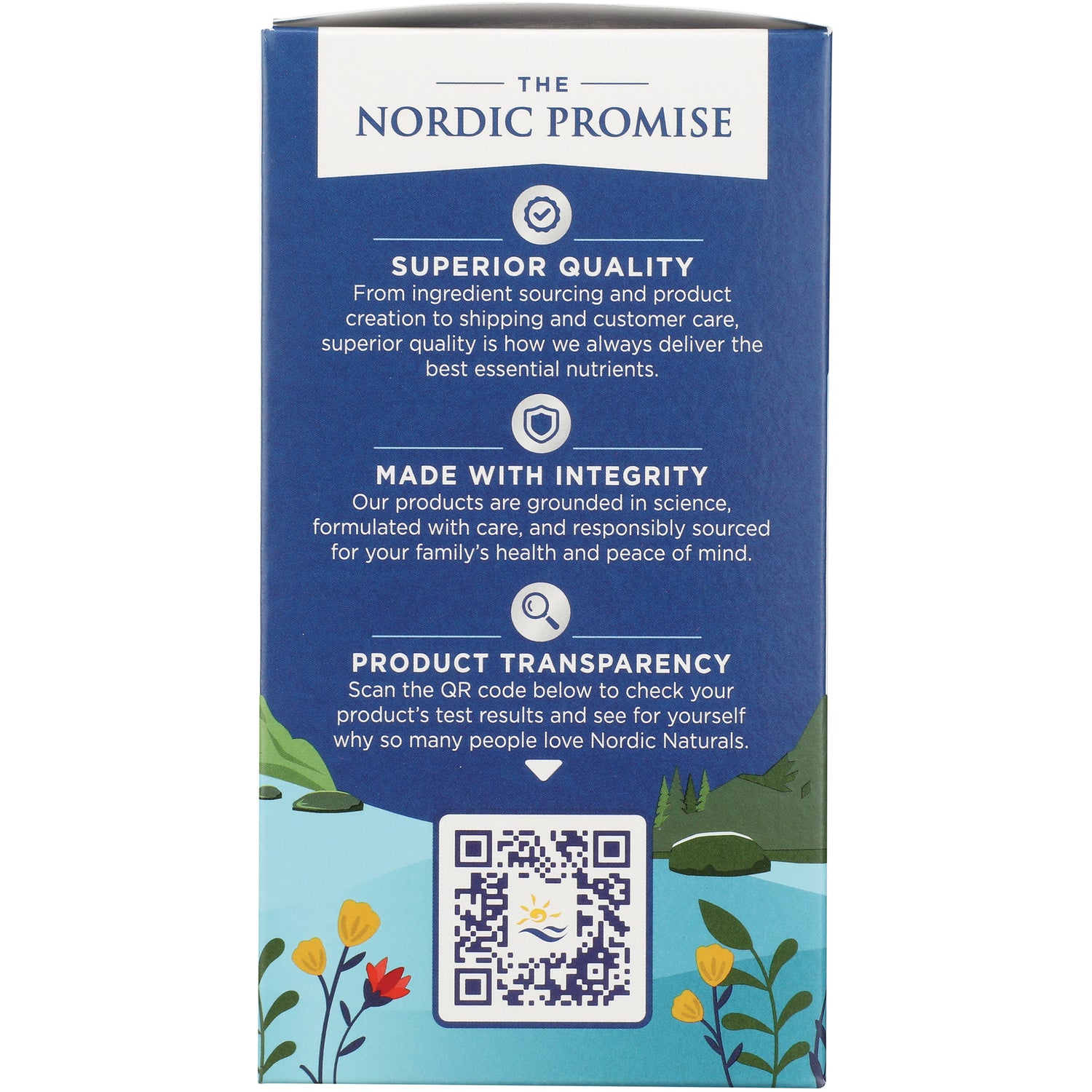 NRN020 | blue product box infographic with The Nordic Promise headings, QR code, and floral river illustration