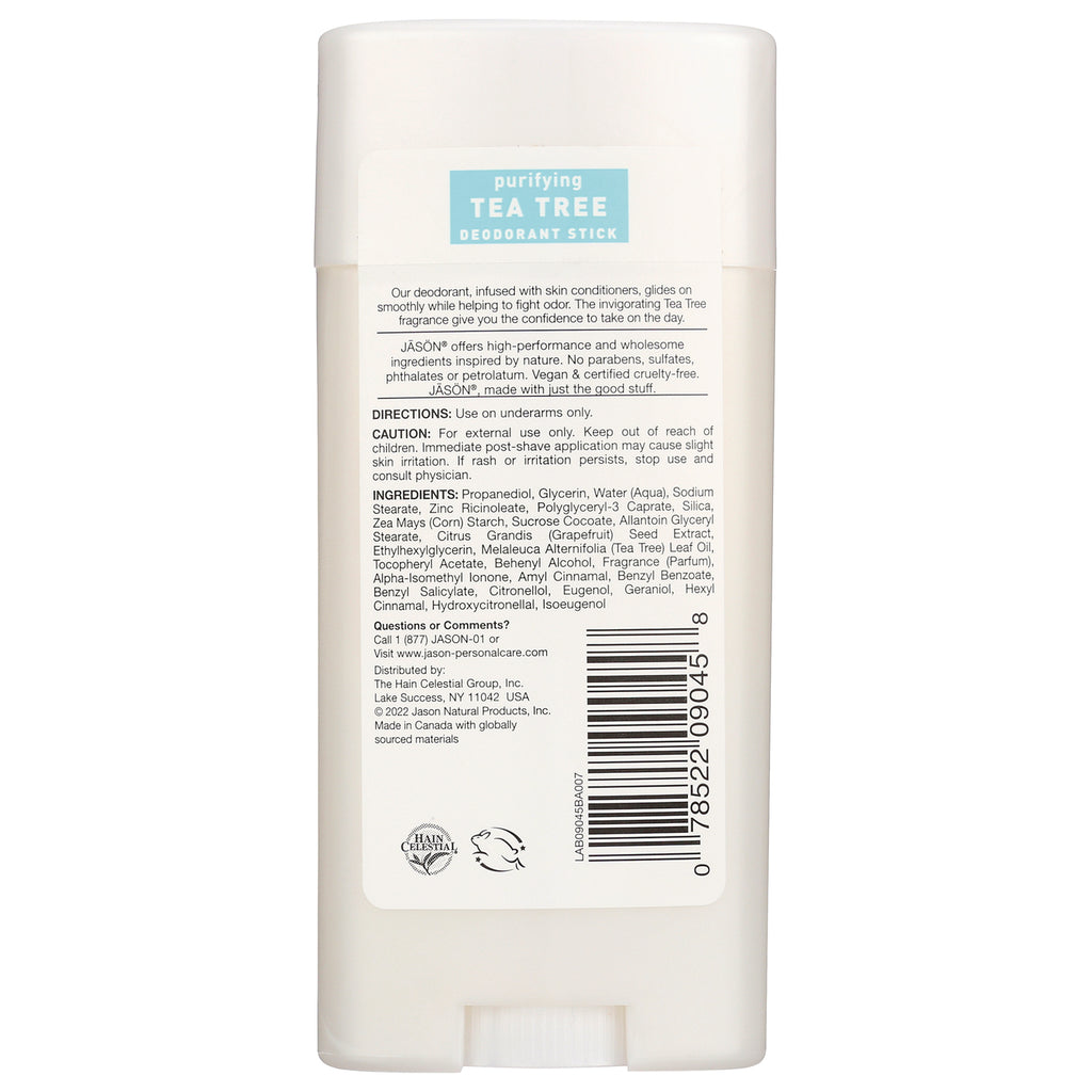 JC058 | Back of white Tea Tree deodorant stick showing ingredients, directions, barcode and product label - Thumbnail