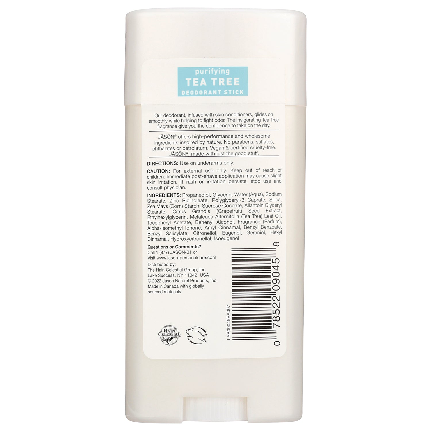 JC058 | Back of white Tea Tree deodorant stick showing ingredients, directions, barcode and product label