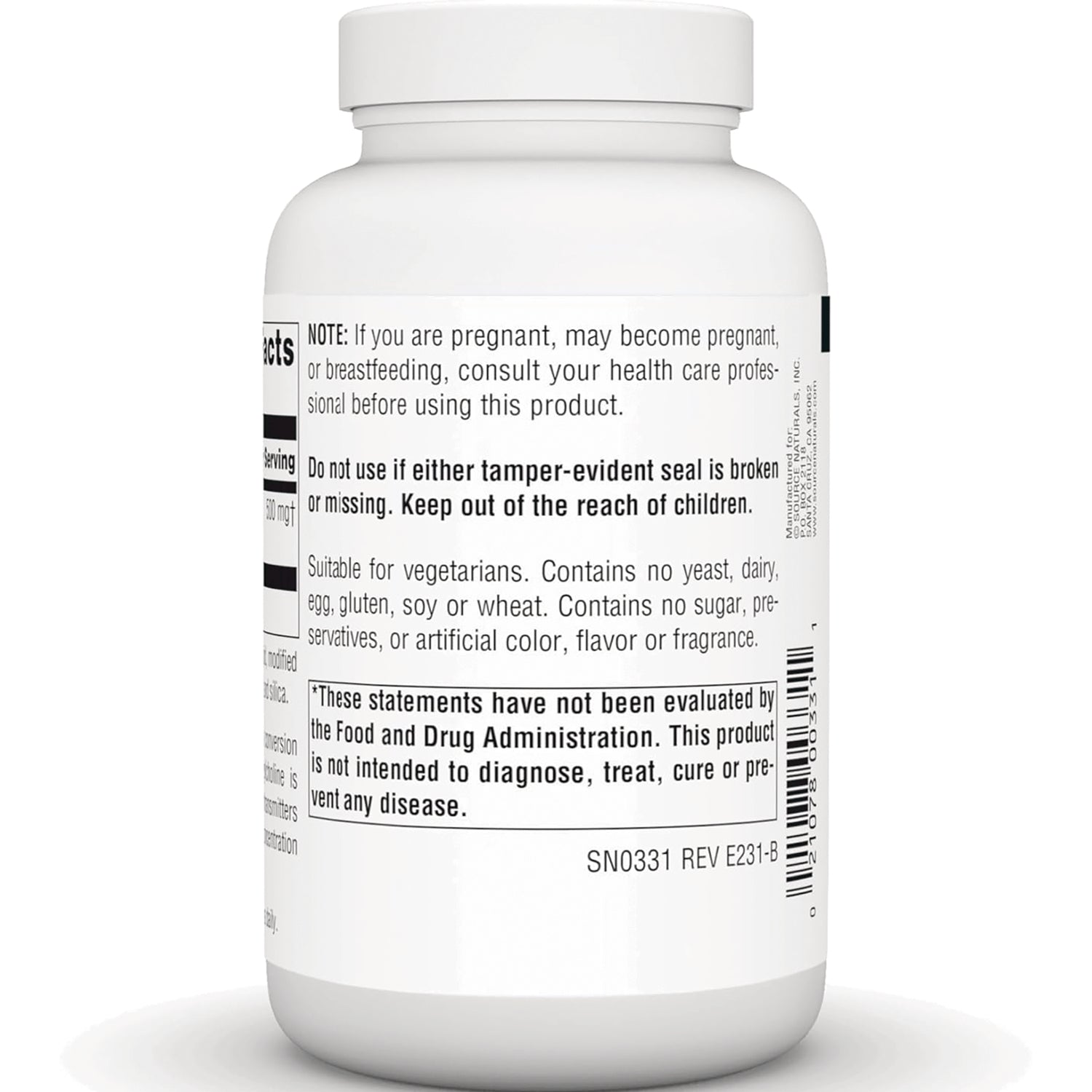 SN097 | Supplement bottle back label with warnings, vegetarian statement, and FDA disclaimer text
