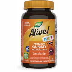 NW797 | Alive! Kids premium gummy multivitamin bottle with cartoon fruit characters, 90 gummies
