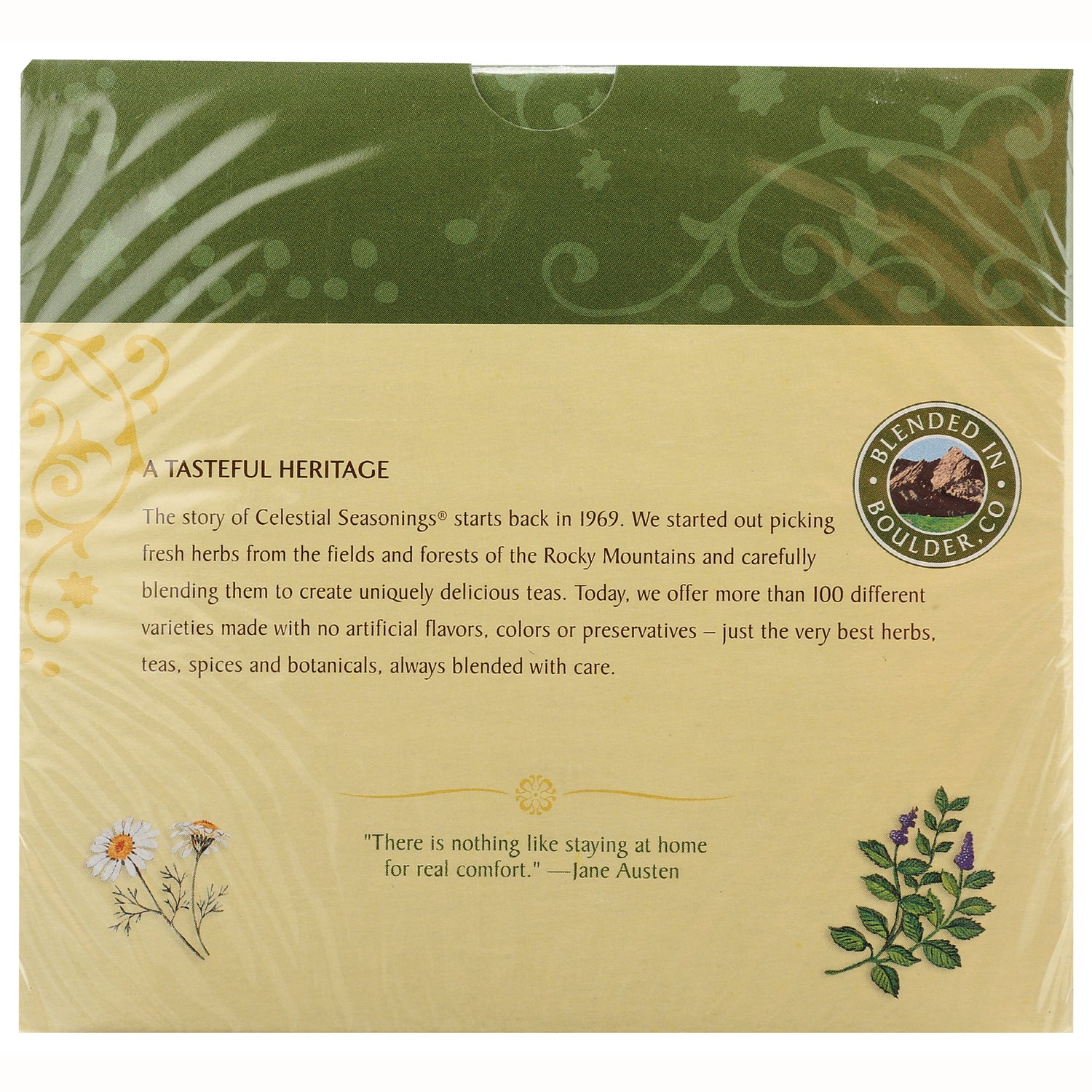 CEL002 | back of Celestial Seasonings tea box with A TASTEFUL HERITAGE text, company story, Jane Austen quote and botanical illustrations
