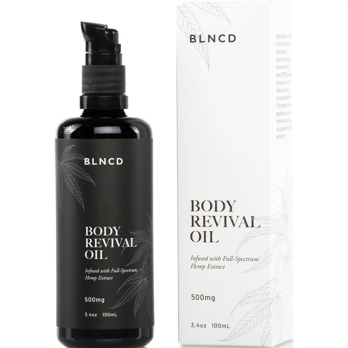 BLN004 | Black pump bottle and white box labeled BODY REVIVAL OIL 500mg 100mL