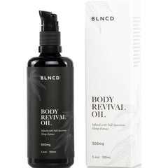 BLN004 | Black pump bottle and white box labeled BODY REVIVAL OIL 500mg 100mL