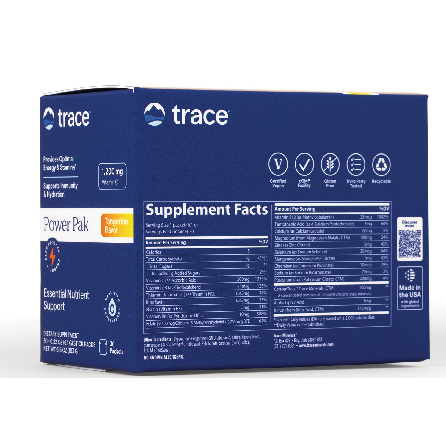 TM070 | Back of trace Power Pak Tangerine Flavor box showing Supplement Facts panel and QR code