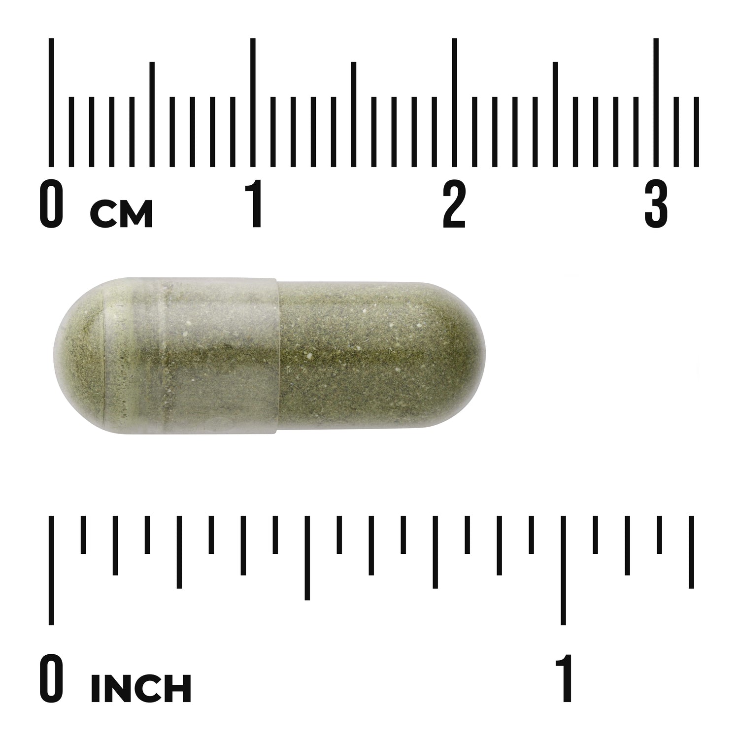 SW1402 | Green capsule with size scale in inches and centimeters