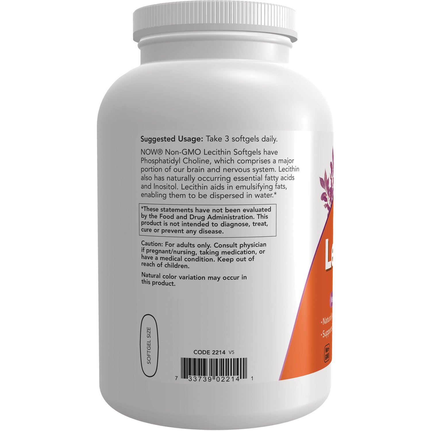 NWF892 | Back of white supplement bottle showing label text Suggested Usage: Take 3 softgels daily and caution text