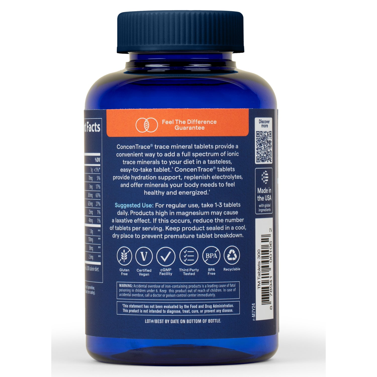 TM029 | Back label of ConcenTrace Trace Mineral Tablets; suggested use 13 tablets daily; Gluten Free and Vegan icons