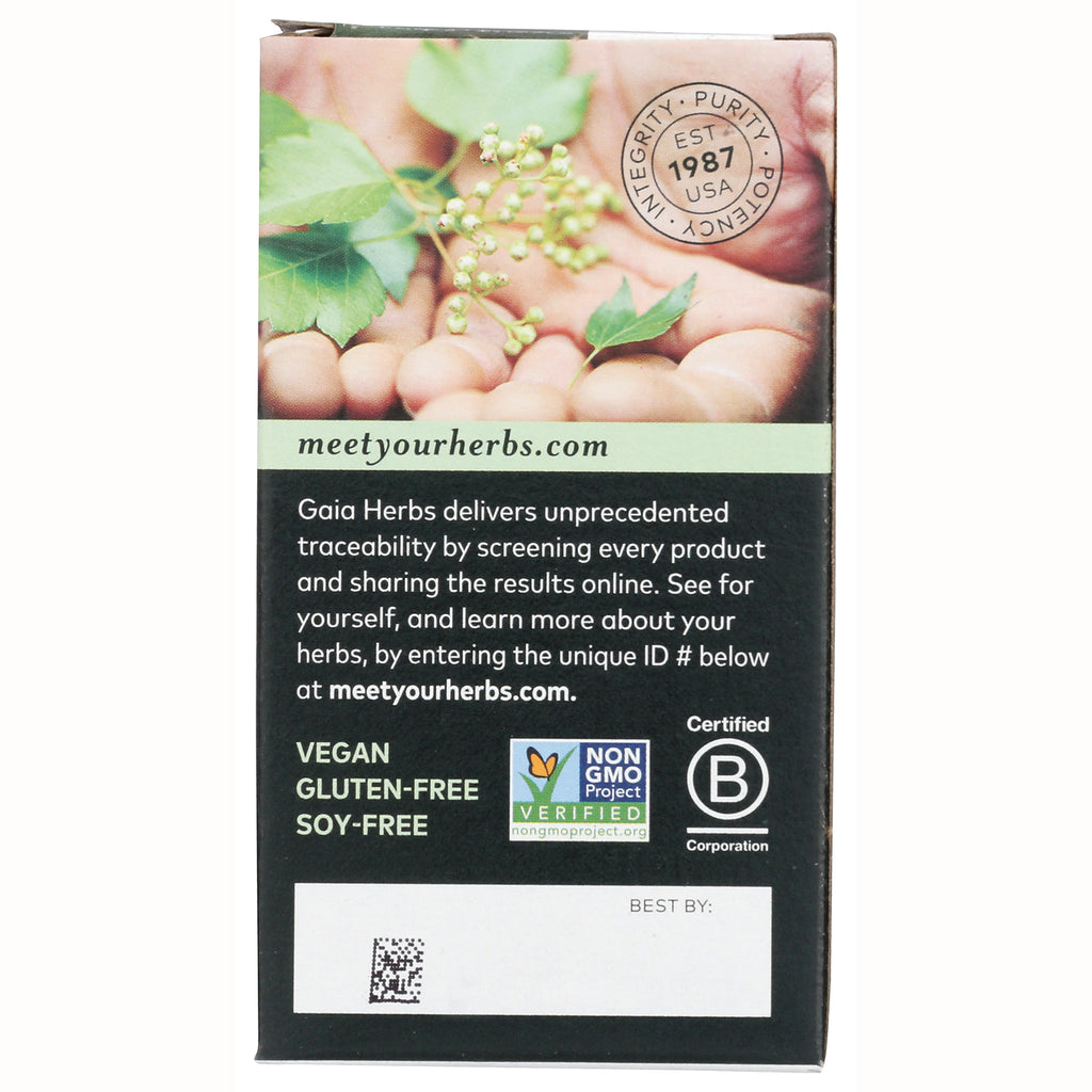 GH021 | Product infographic showing certification badges: Vegan, Gluten-free, Soy-free, Non-GMO Verified, B Corp, and meetyourherbs.com - Thumbnail