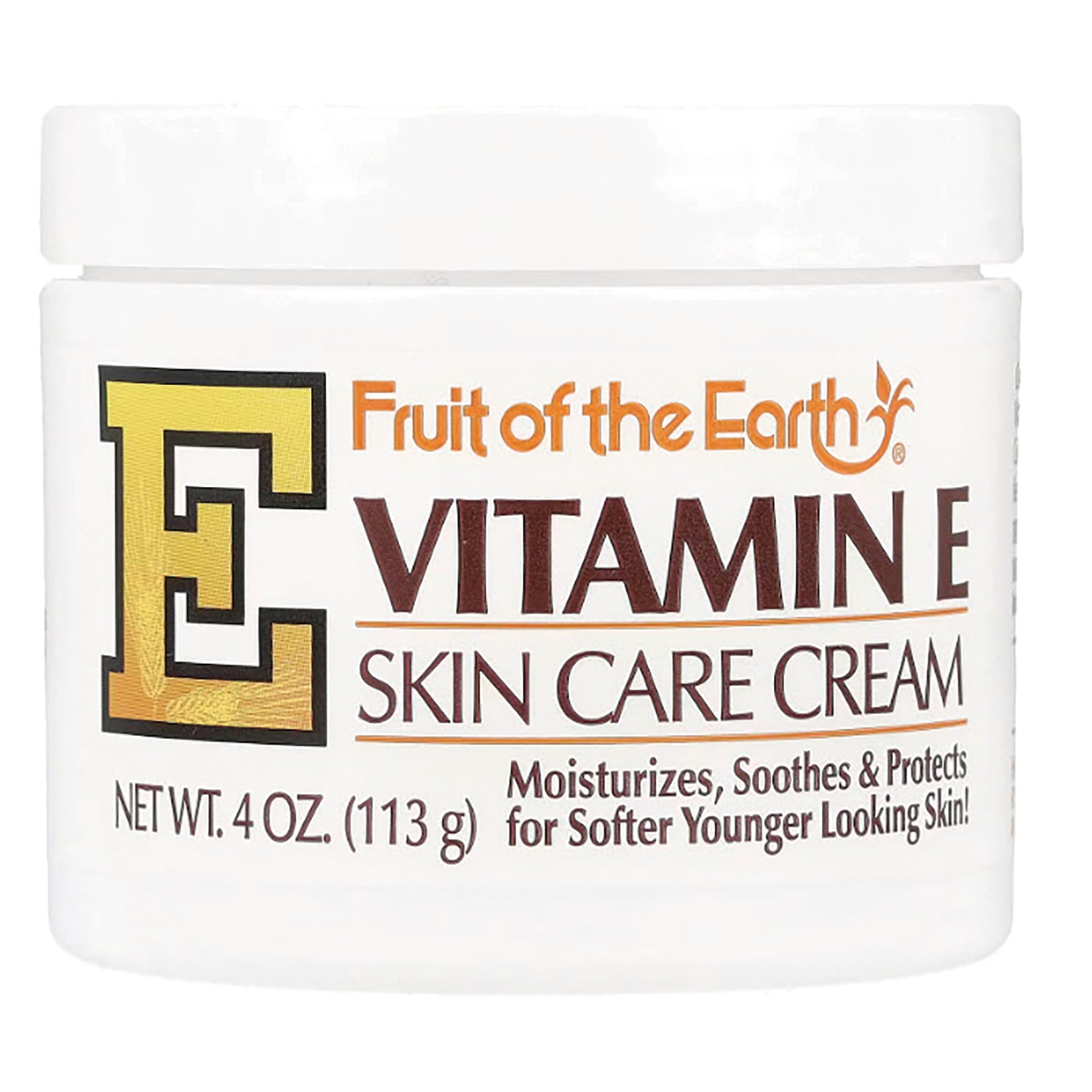 FE009 | Fruit of the Earth VITAMIN E skin care cream jar front label, NET WT 4 OZ (113 g)