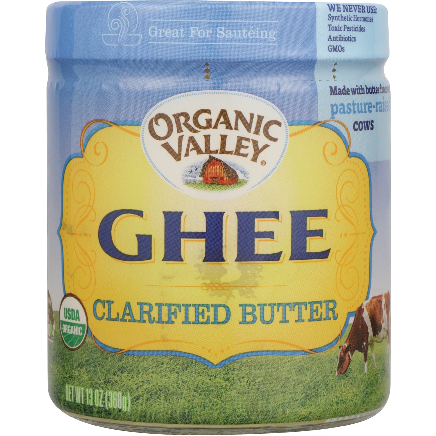 PUF001 | Organic Valley Ghee clarified butter jar label showing cows and USDA Organic seal