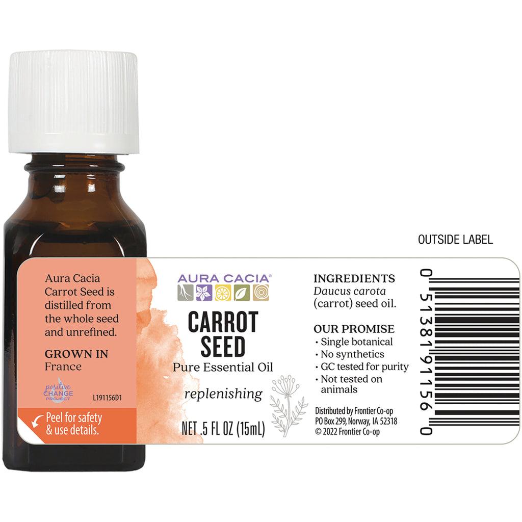 ARC204 | Back label of Aura Cacia Carrot Seed essential oil bottle showing ingredients, barcode and NET .5 FL OZ (15mL) - Thumbnail