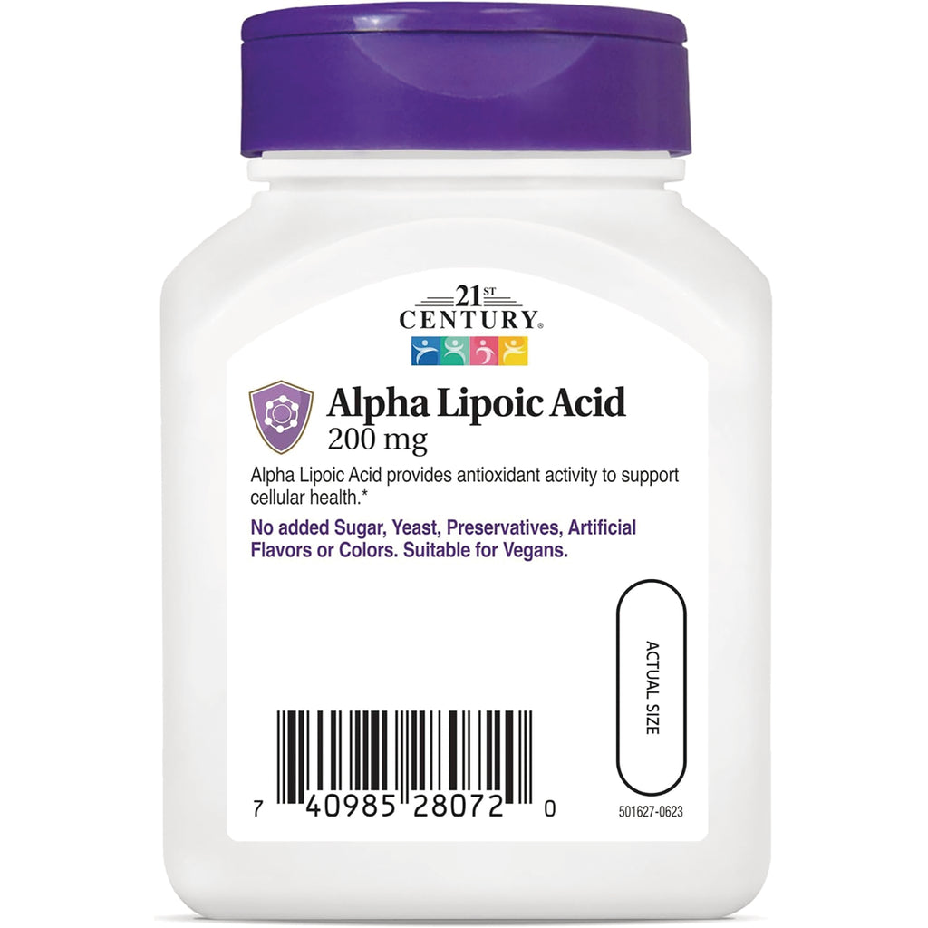 CNT286 | Alpha Lipoic Acid 200 mg supplement bottle label showing product name, benefits text, barcode and actual size capsule outline - Thumbnail
