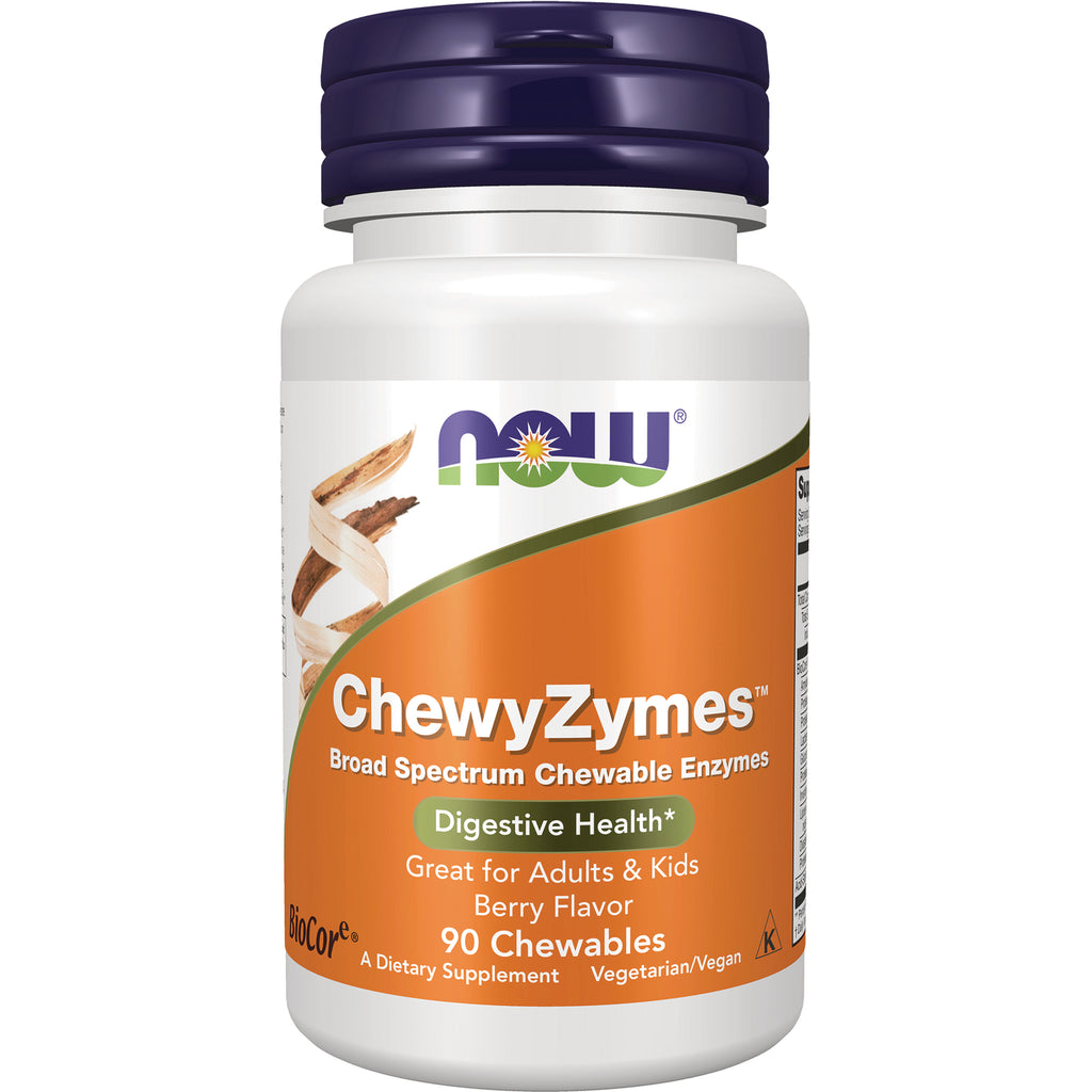 NWF390 | NOW ChewyZymes bottle with orange label, 90 chewable digestive enzyme supplements, berry flavor - Thumbnail