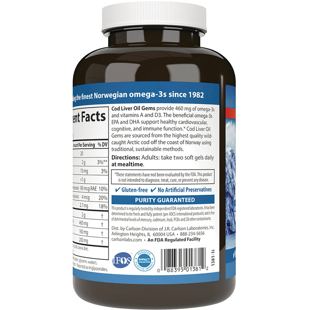 CSN021 | Back label of cod liver oil bottle showing supplement facts, directions, purity guaranteed badge and barcode - Thumbnail