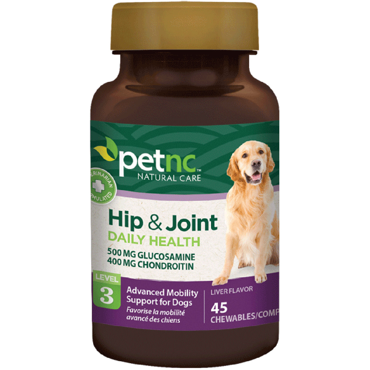 CNT250 | PetNC Hip & Joint Daily Health bottle with golden retriever, 500 mg glucosamine 400 mg chondroitin, 45 chews